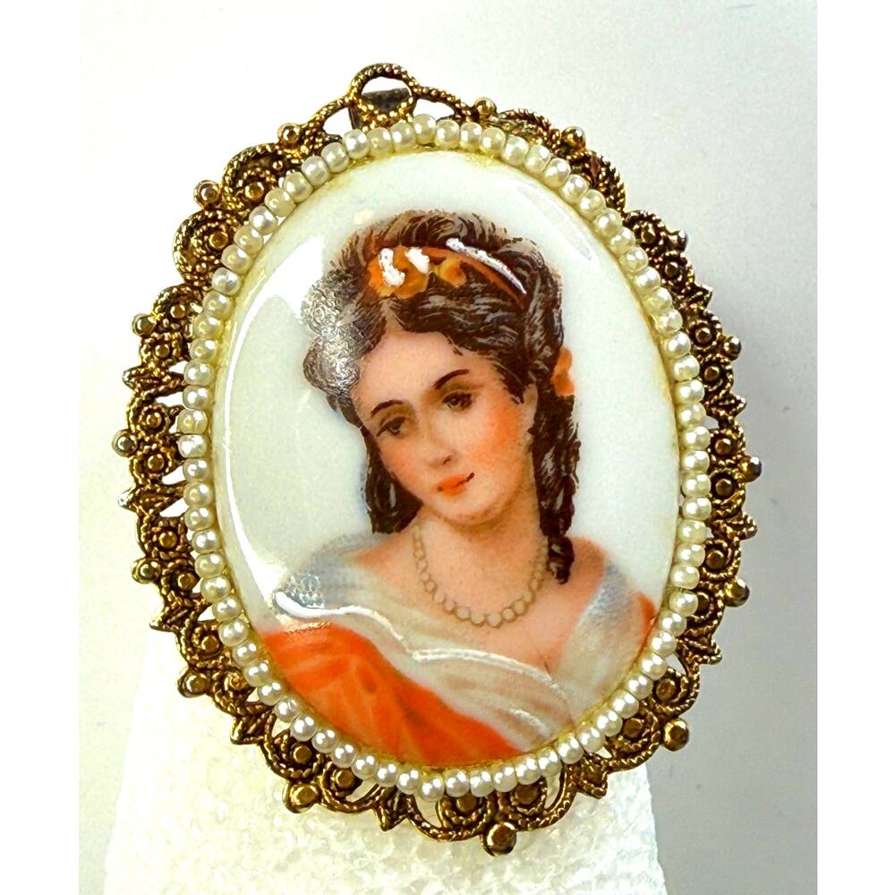 Limoges Pendant Brooch Hand-Painted Portrait of Lady Brass Filigree Pearl Frame